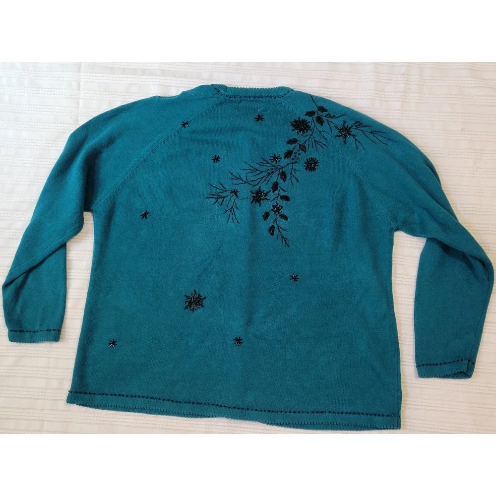 Stitches In Time Cardigan Sweater 2X Dark Turquiose Black Embellished Holiday - Picture 8 of 15